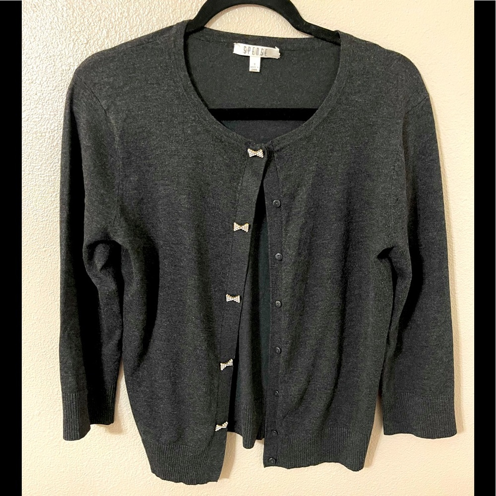 Spense gray gold bow button cardigan